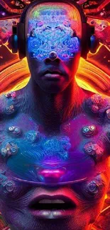 Futuristic psychedelic artwork with neon colors and humanoid figure.