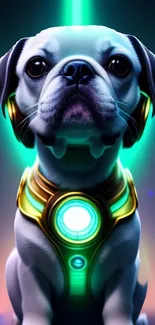 Futuristic pug with a neon glowing collar in digital art style.