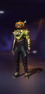 Futuristic warrior with pumpkin helmet on neon backdrop.