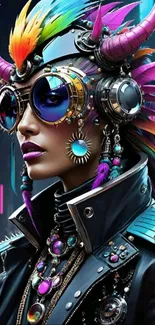 Cyberpunk fashion art with neon colors and futuristic elements.