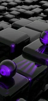 Futuristic 3D black cubes with purple spheres wallpaper.