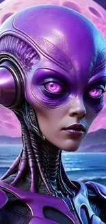 Purple alien with cosmic background, sci-fi wallpaper.