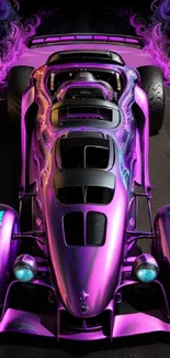 Futuristic purple car with neon accents on a mobile wallpaper.