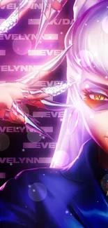 Futuristic purple character art with stylish details.