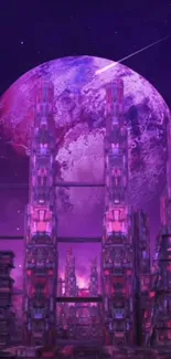 Futuristic purple cityscape with cosmic background.