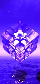 Transparent purple cube above ocean with starry night background.