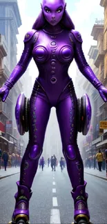 Futuristic purple cyborg skating down an urban street.