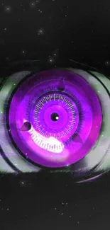 Futuristic purple eye-themed mobile wallpaper.