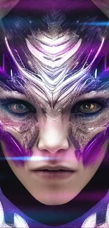 Futuristic face art in purple hues, digital pattern.