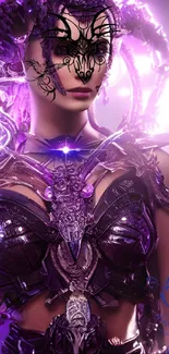 Futuristic female warrior in purple hues, intricate design, fantasy art mobile wallpaper.