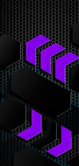 Futuristic mobile wallpaper with purple hexagons on a black background.