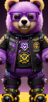 Futuristic purple teddy bear with glasses and colorful jacket.