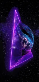 Futuristic purple triangle with cosmic background.