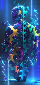 Futuristic figure made of puzzle pieces in neon colors.