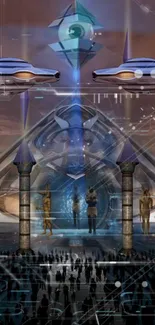 Futuristic wallpaper with pyramids and spaceships.