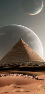 Futuristic pyramid and desert under celestial sky.