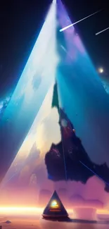 Futuristic pyramid with a galaxy backdrop in a mobile wallpaper.