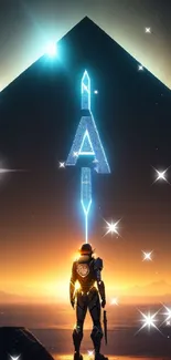 Futuristic warrior stands before a glowing pyramid at sunset on an alien horizon.