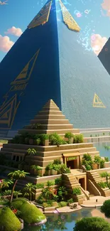 Futuristic pyramids rise above a lush island under a clear blue sky.