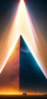 Futuristic pyramid glowing with vibrant light against a dark sky.