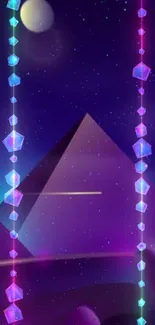 Futuristic night scene with pyramids and floating neon cubes.