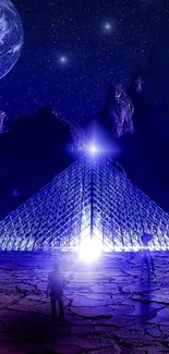 Futuristic blue pyramid under a cosmic night sky with stars and planets.