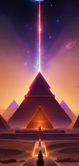 Futuristic pyramid scenery with a cosmic night sky.