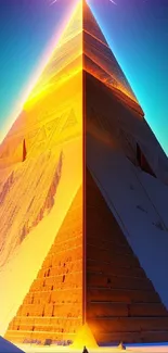 Futuristic golden pyramid with vibrant colors in digital art.