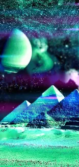 Futuristic neon pyramids and planets in a cosmic sky wallpaper.