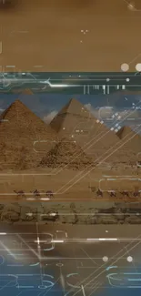 Pyramids with futuristic tech overlays on a mobile wallpaper background.