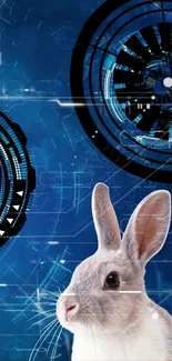 Futuristic digital wallpaper with rabbit and blue tech gears.