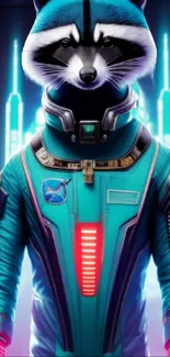 A futuristic raccoon in a teal spacesuit against a vibrant backdrop.