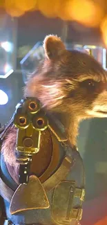 Futuristic raccoon holding weapon against vibrant background.