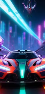 Futuristic neon racecar in a cyberpunk city with vibrant lights.