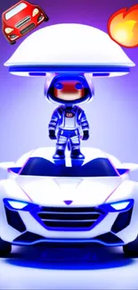 Futuristic wallpaper with a spaceman driving a sleek car and colorful icons.