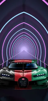 Sleek car in neon-lit tunnel with futuristic vibes.