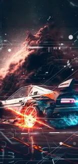 Futuristic racing car with neon lights against a cosmic background.