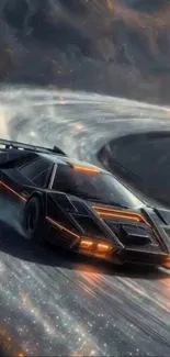 Futuristic racing car on a curved track, glowing with speed.