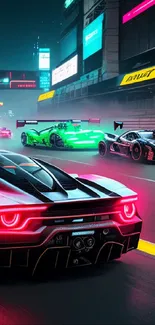 Futuristic cars racing on a neon-lit urban track with vibrant colors.