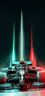 Futuristic race car with dynamic lights in vibrant colors on a sleek background.