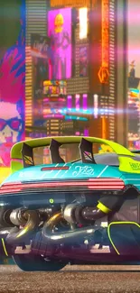 Futuristic racing car in a neon-lit cityscape with vibrant orange hues.