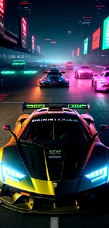 Futuristic racing cars under neon lights on a nighttime race track.