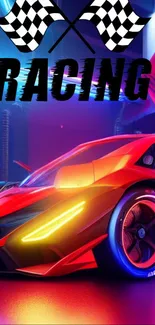 Futuristic racing car with neon lights and vibrant red hue.