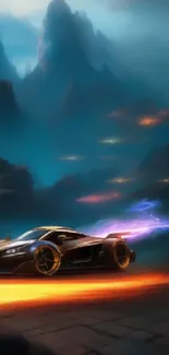 Futuristic black racing car speeds through a vibrant mountainscape at night.