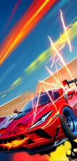 Futuristic red racing car with vibrant electric graphics on wallpaper.