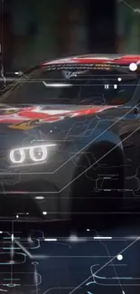 Futuristic racing car with digital design elements.