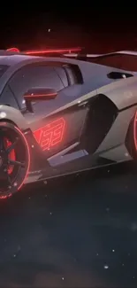 Futuristic racing car with glowing red accents on a sleek design.