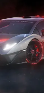 Sleek futuristic racing car with neon lights and red accents.