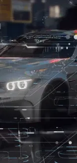 Futuristic racing car with neon accents in motion at night.