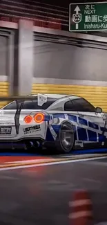 Futuristic car on urban night street.